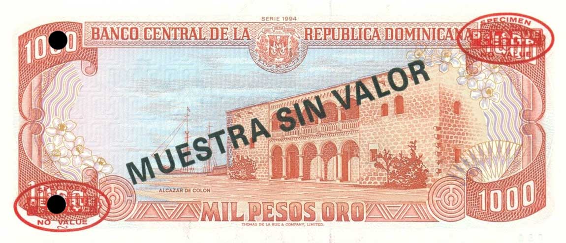 Back of Dominican Republic p138s3: 1000 Pesos Oro from 1994