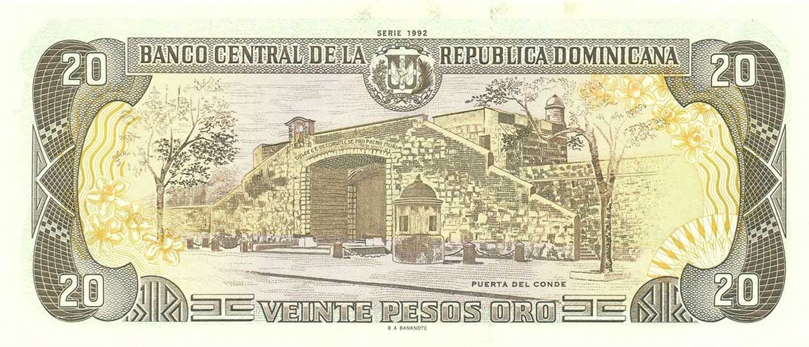 Back of Dominican Republic p139a: 20 Pesos Oro from 1992