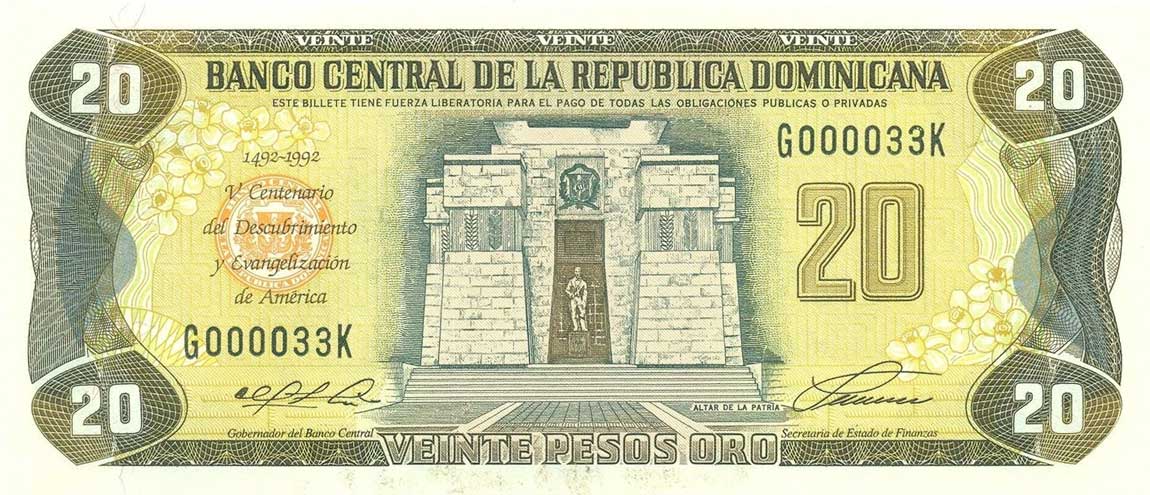 Front of Dominican Republic p139a: 20 Pesos Oro from 1992