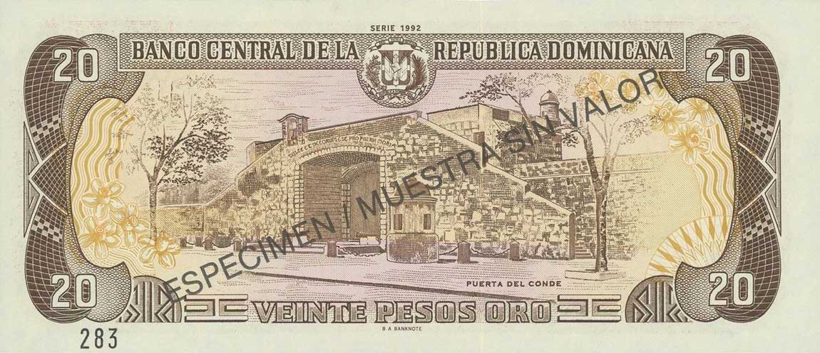 Back of Dominican Republic p139s: 20 Pesos Oro from 1992
