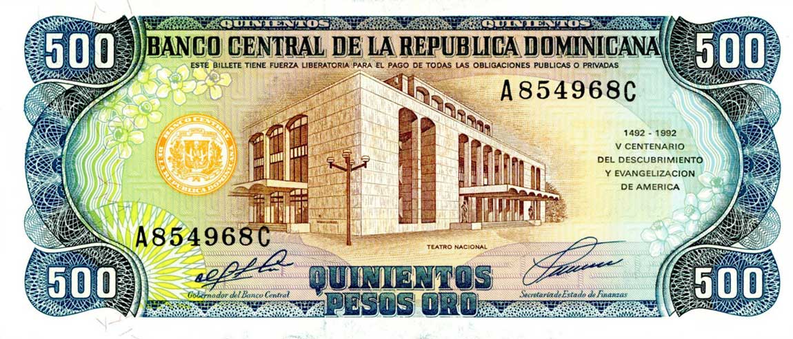 Front of Dominican Republic p141a: 500 Pesos Oro from 1992