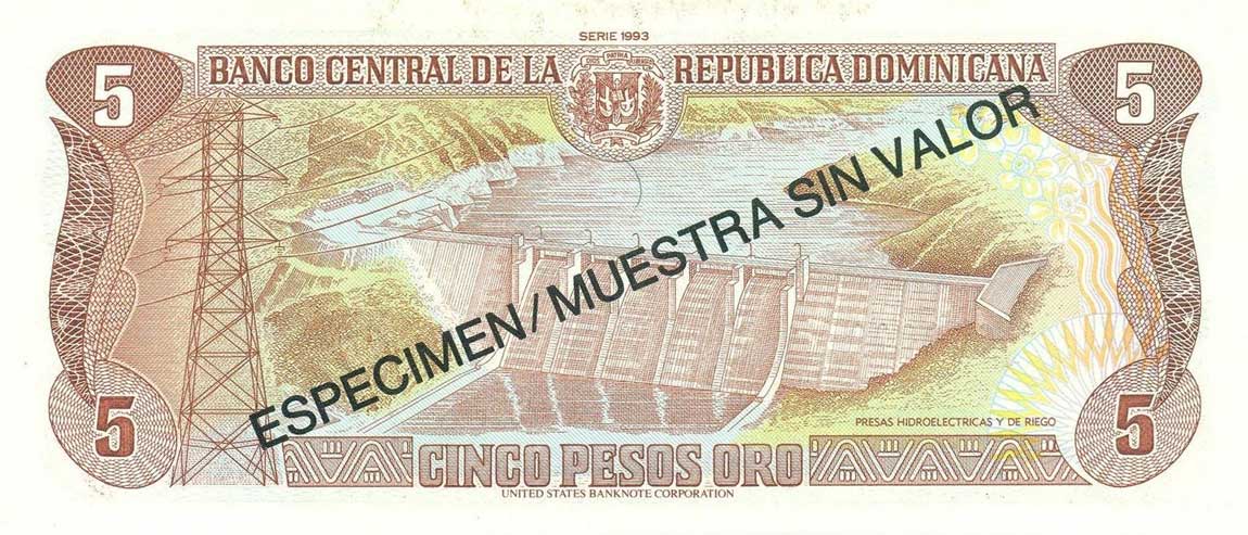 Back of Dominican Republic p143s: 5 Pesos Oro from 1993