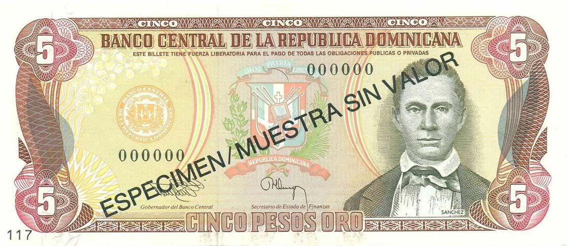 Front of Dominican Republic p143s: 5 Pesos Oro from 1993