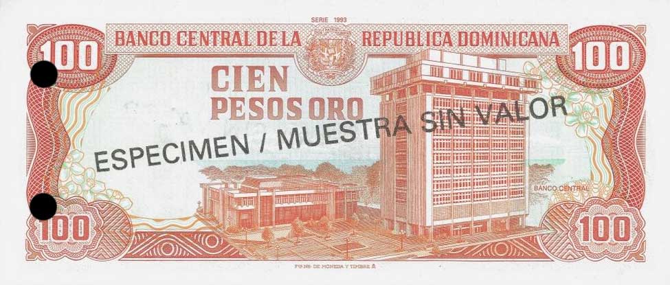 Back of Dominican Republic p144s: 100 Pesos Oro from 1993