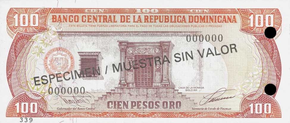 Front of Dominican Republic p144s: 100 Pesos Oro from 1993