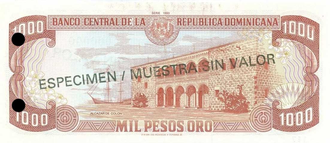 Back of Dominican Republic p145s: 1000 Pesos Oro from 1993