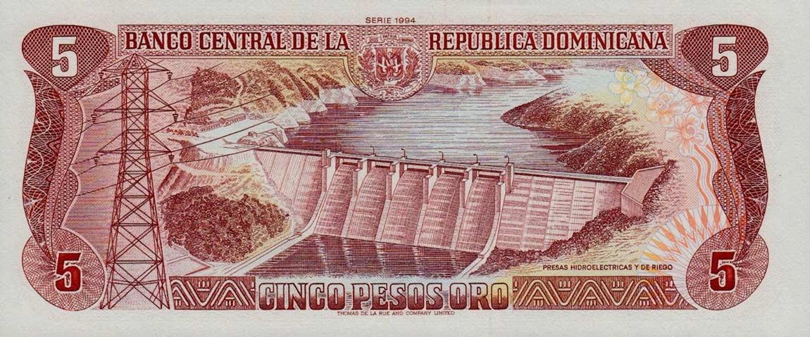 Back of Dominican Republic p146a: 5 Pesos Oro from 1994