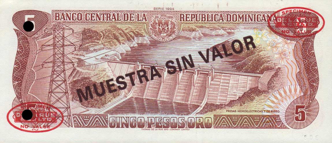 Back of Dominican Republic p146s: 5 Pesos Oro from 1994