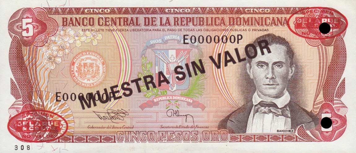 Front of Dominican Republic p146s: 5 Pesos Oro from 1994