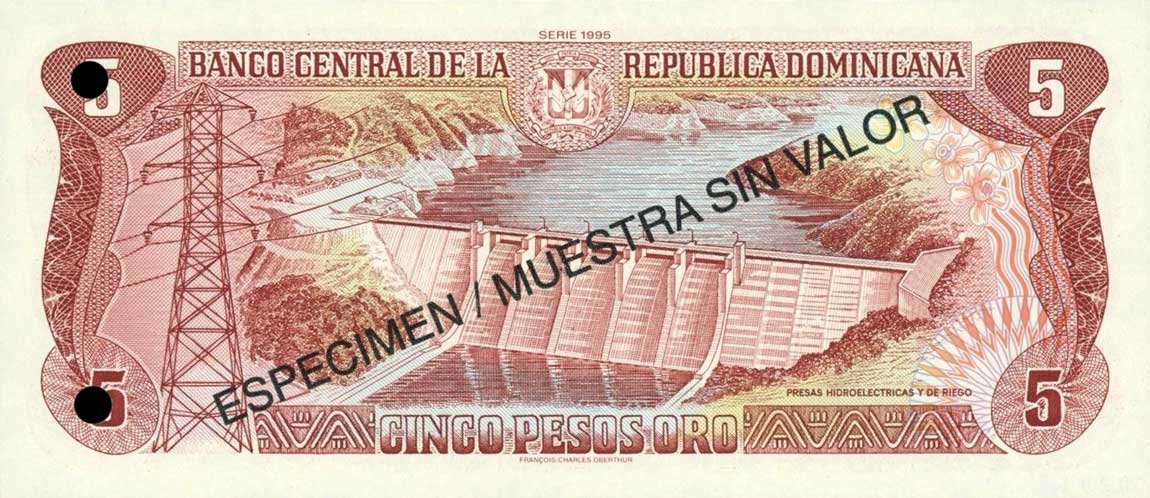 Back of Dominican Republic p147s: 5 Pesos Oro from 1995