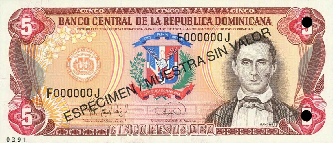 Front of Dominican Republic p147s: 5 Pesos Oro from 1995