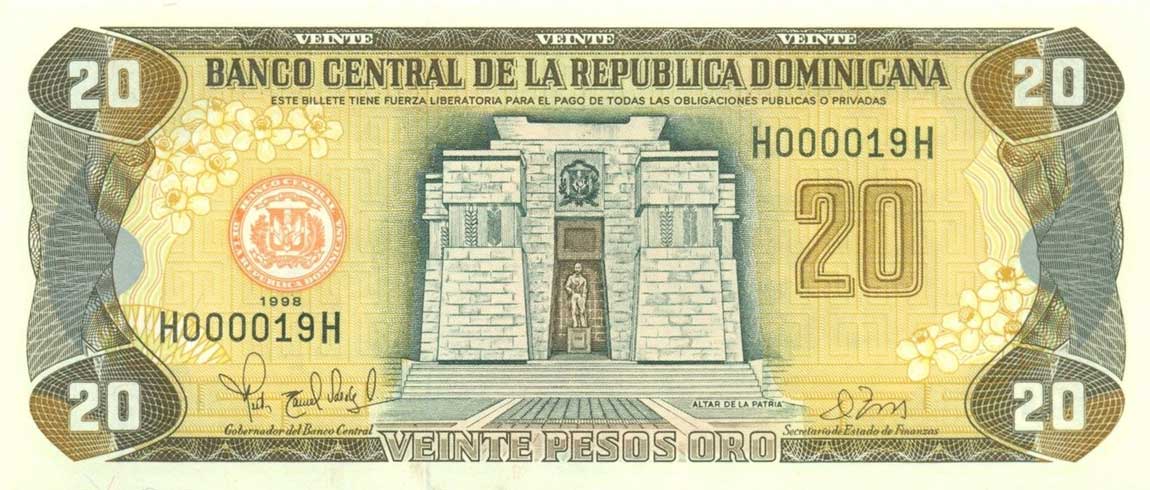 Front of Dominican Republic p154b: 20 Pesos Oro from 1998