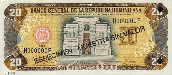 Front of Dominican Republic p154s1: 20 Pesos Oro from 1997