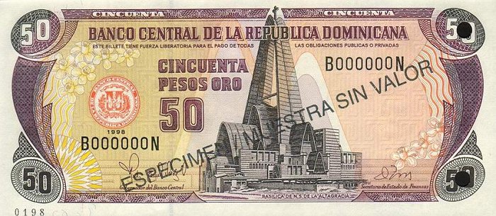 Front of Dominican Republic p155s1: 50 Pesos Oro from 1997