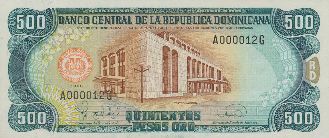 Front of Dominican Republic p157a: 500 Pesos Oro from 1996