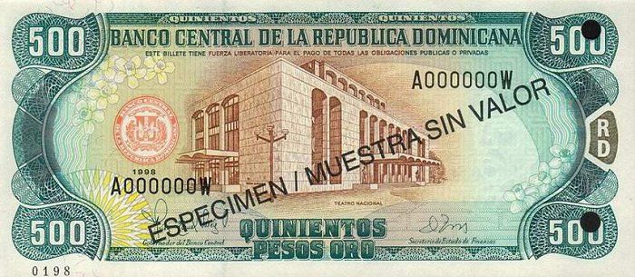 Front of Dominican Republic p157s1: 500 Pesos Oro from 1996