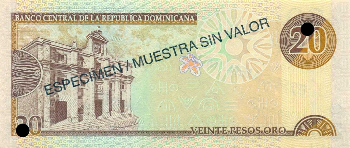 Back of Dominican Republic p160s: 20 Pesos Oro from 2000