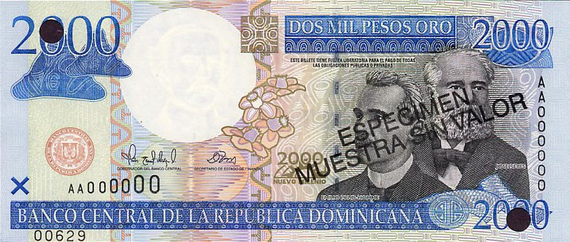 Front of Dominican Republic p164s: 2000 Pesos Oro from 2000