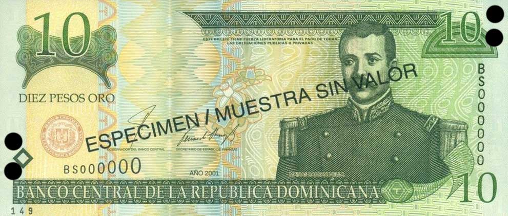 Front of Dominican Republic p168s1: 10 Pesos Oro from 2001