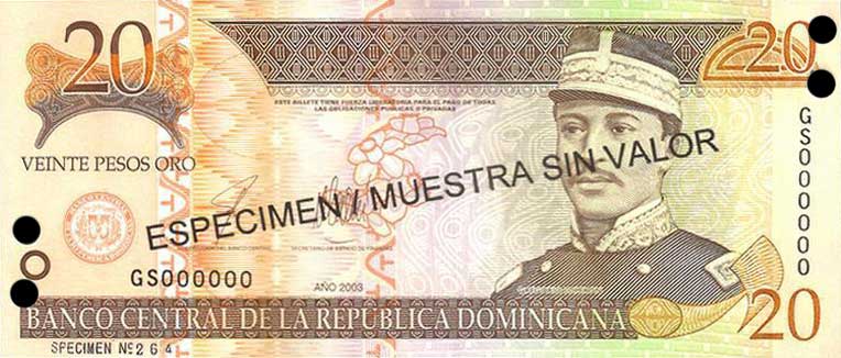 Front of Dominican Republic p169s3: 20 Pesos Oro from 2003