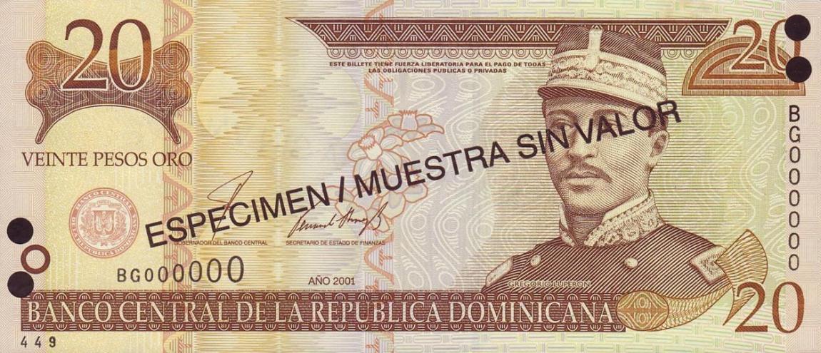 Front of Dominican Republic p169s1: 20 Pesos Oro from 2001