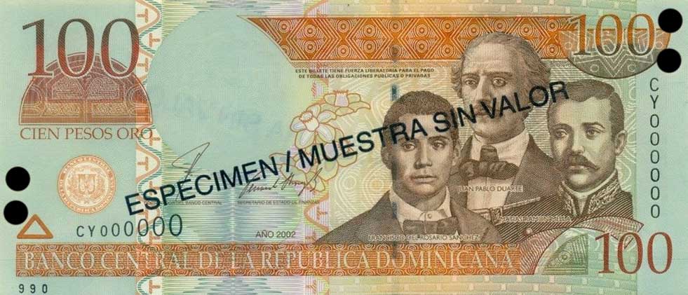 Front of Dominican Republic p171s2: 100 Pesos Oro from 2002