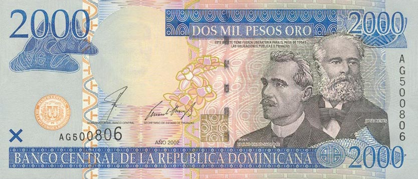 Front of Dominican Republic p174a: 2000 Pesos Oro from 2002