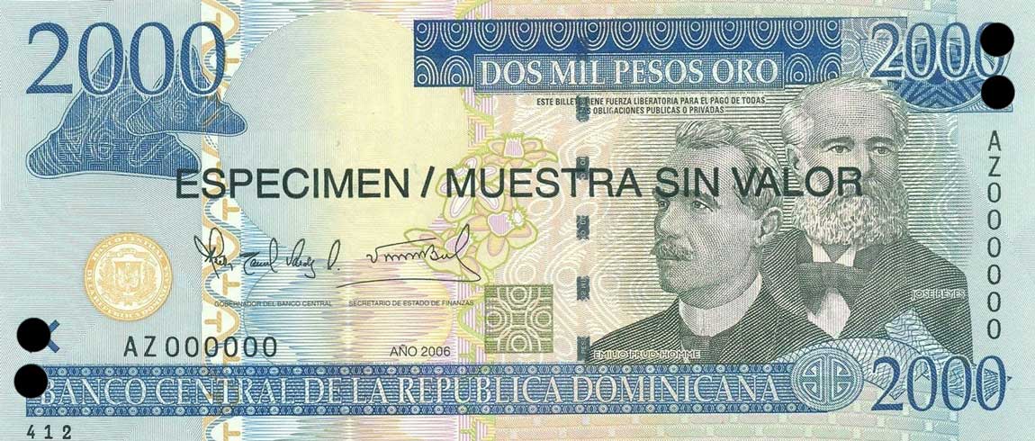 Front of Dominican Republic p181s1: 2000 Pesos Oro from 2006