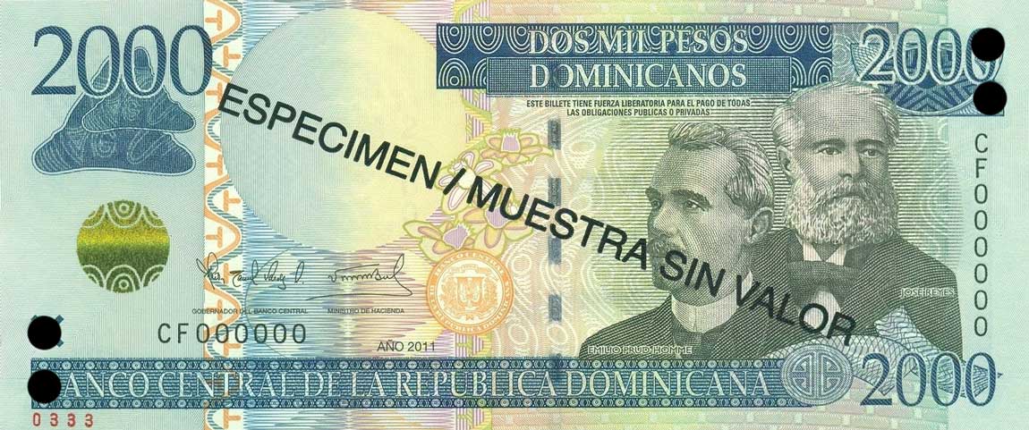 Front of Dominican Republic p188s: 2000 Pesos Dominicanos from 2011