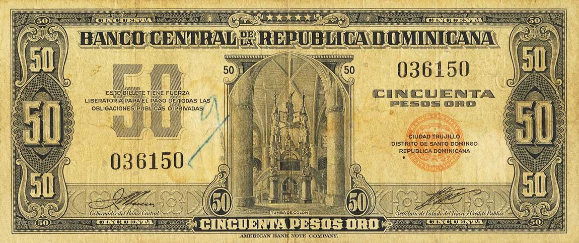 Front of Dominican Republic p64a: 50 Pesos Oro from 1947