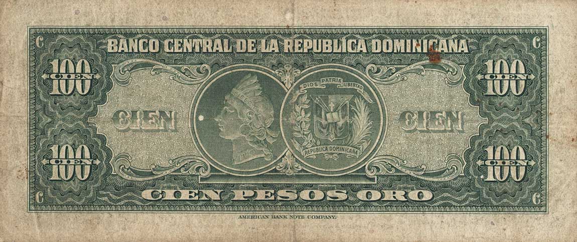 Back of Dominican Republic p65a: 100 Pesos Oro from 1947