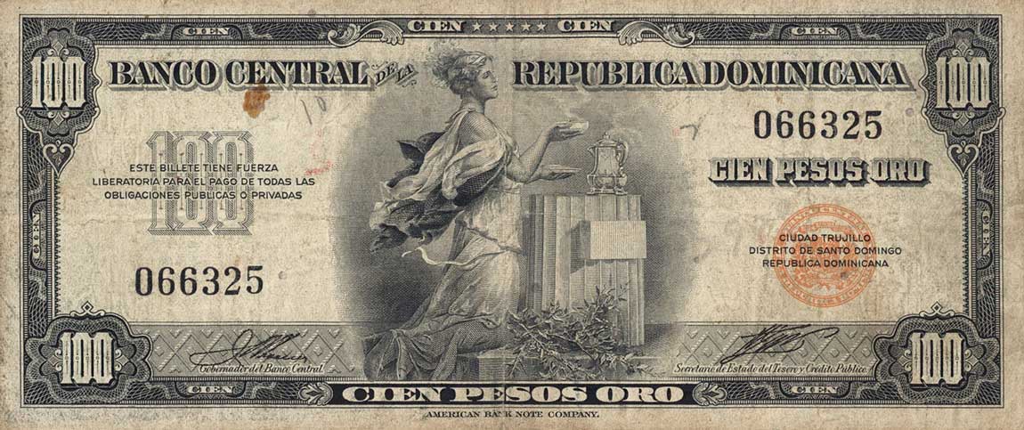 Front of Dominican Republic p65a: 100 Pesos Oro from 1947