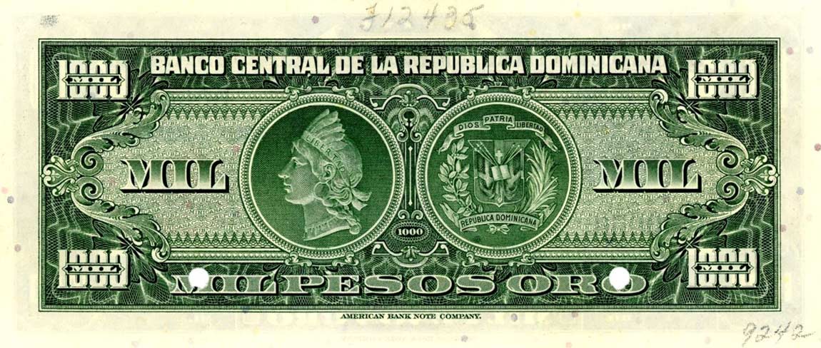 Back of Dominican Republic p67s: 1000 Pesos Oro from 1947