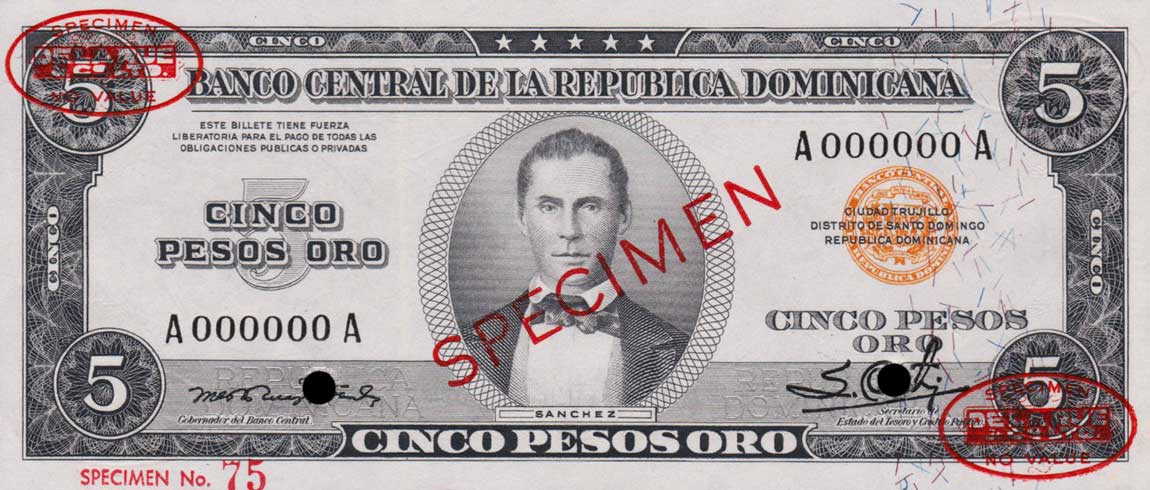 Front of Dominican Republic p68s: 5 Pesos Oro from 1952