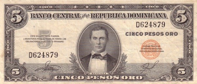 Front of Dominican Republic p72a: 5 Pesos Oro from 1956