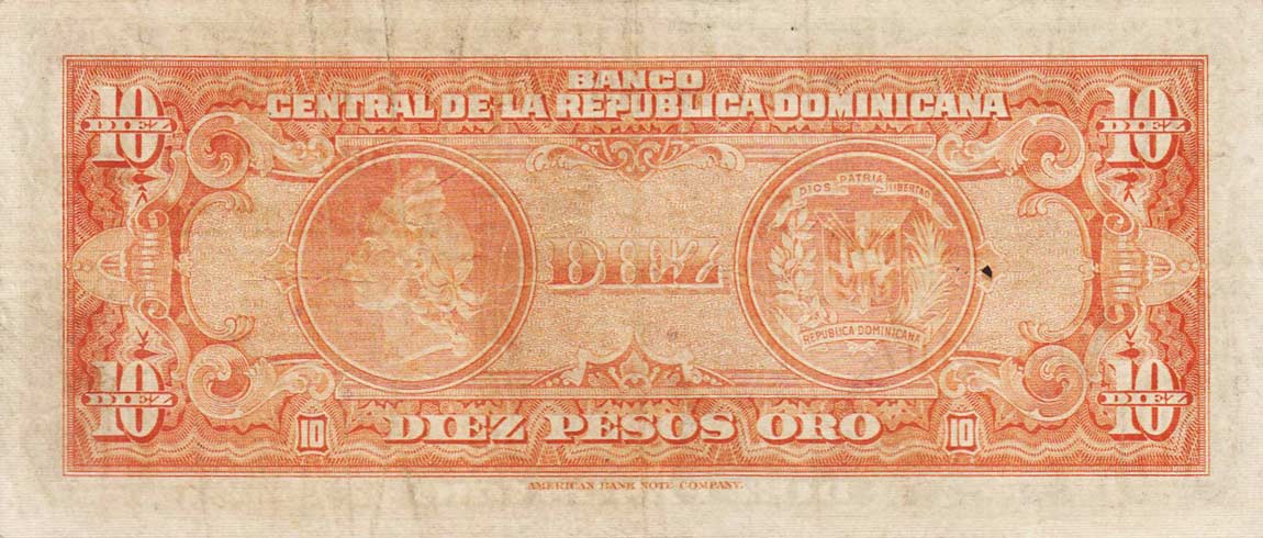 Back of Dominican Republic p73a: 10 Pesos Oro from 1956