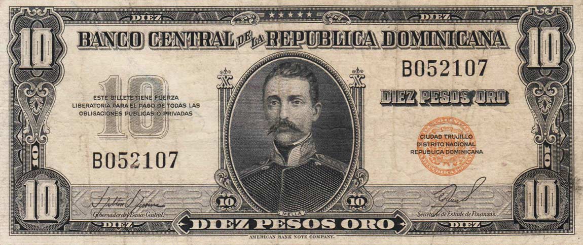 Front of Dominican Republic p73a: 10 Pesos Oro from 1956