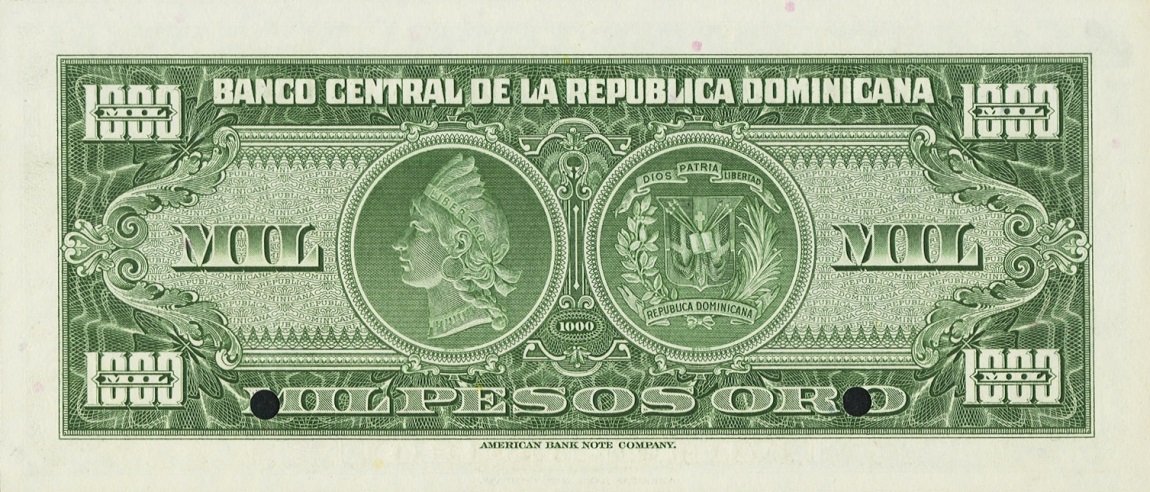 Back of Dominican Republic p78s: 1000 Pesos Oro from 1956