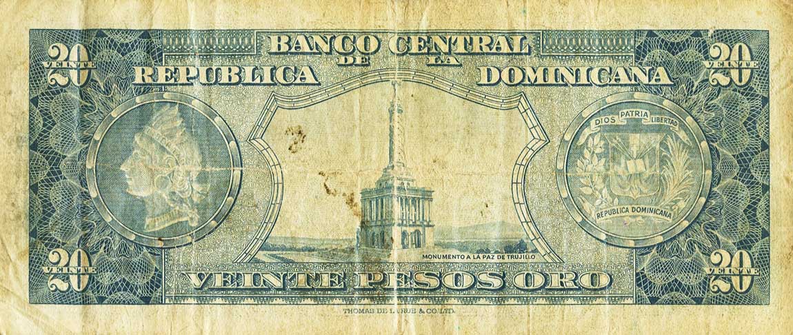 Back of Dominican Republic p79a: 20 Pesos Oro from 1956