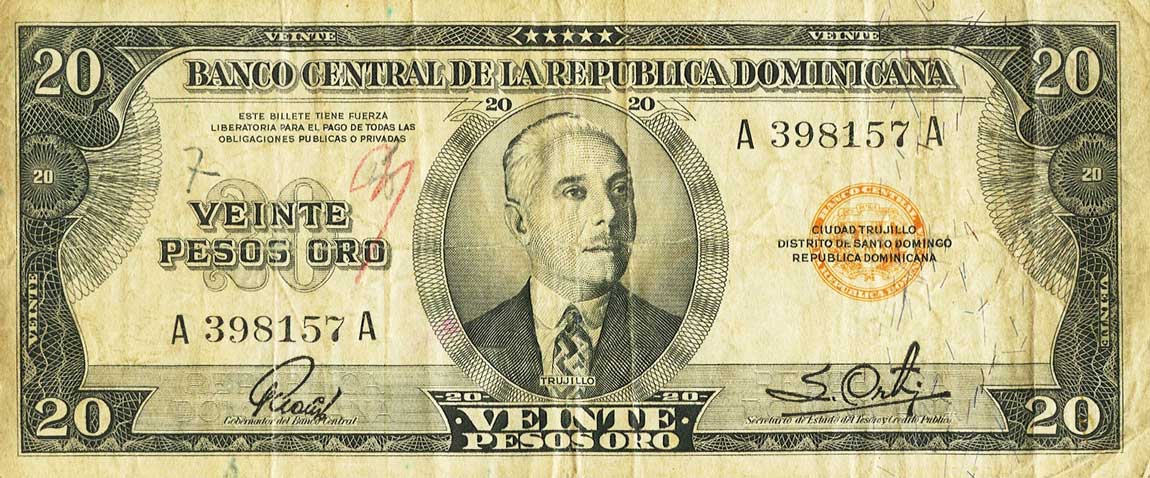 Front of Dominican Republic p79a: 20 Pesos Oro from 1956