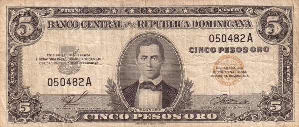 Front of Dominican Republic p81: 5 Pesos Oro from 1959