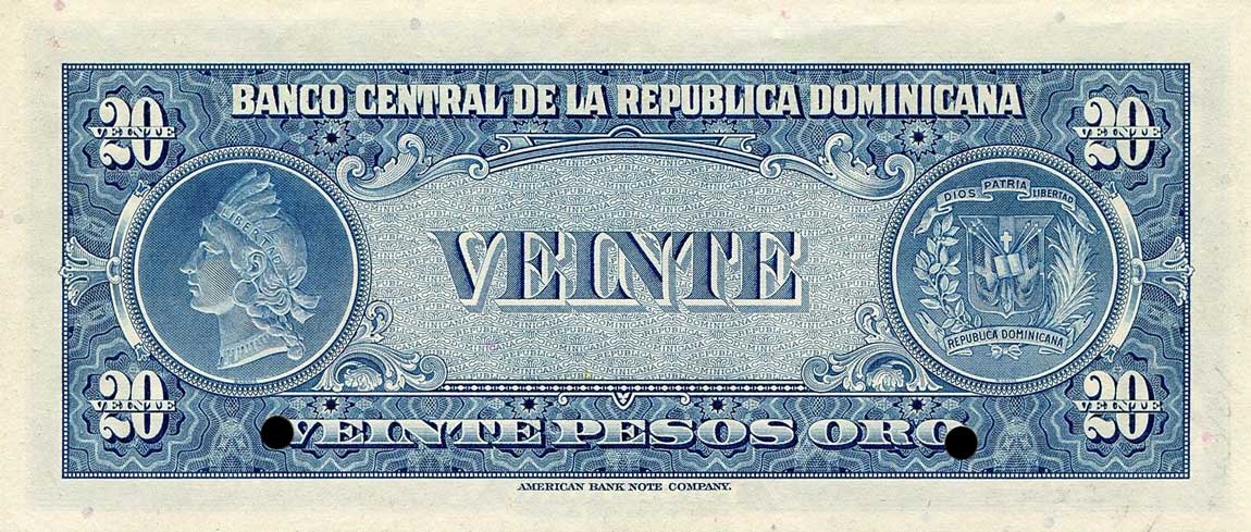 Back of Dominican Republic p83s: 20 Pesos Oro from 1958