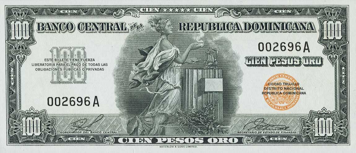 Front of Dominican Republic p84: 100 Pesos Oro from 1959