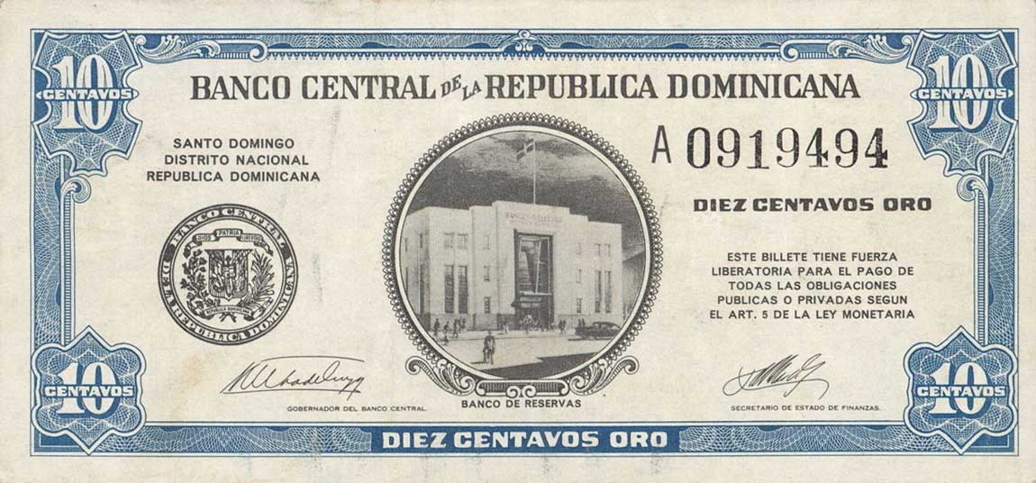 Front of Dominican Republic p85a: 10 Centavos Oro from 1961