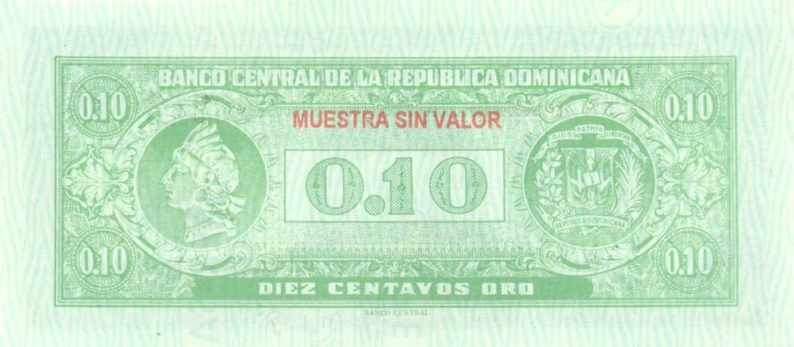 Back of Dominican Republic p86s: 10 Centavos Oro from 1961