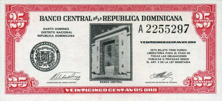 Front of Dominican Republic p87a: 25 Centavos Oro from 1961