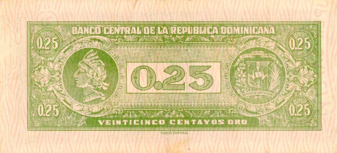 Back of Dominican Republic p88a: 25 Centavos Oro from 1961