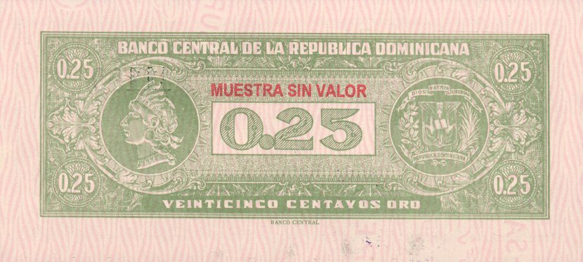 Back of Dominican Republic p88s: 25 Centavos Oro from 1961