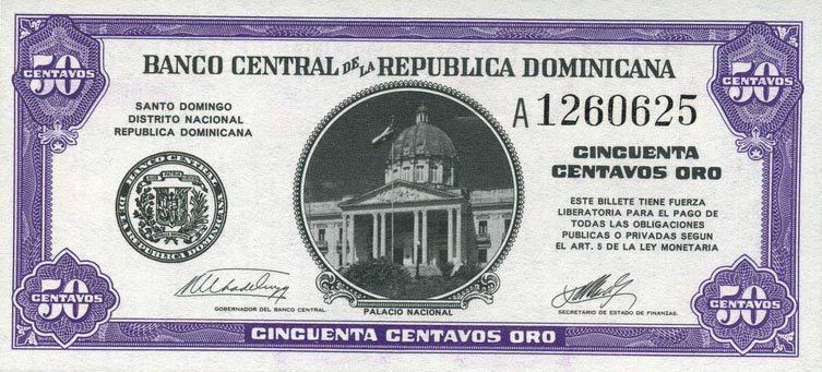 Front of Dominican Republic p89a: 50 Centavos Oro from 1961