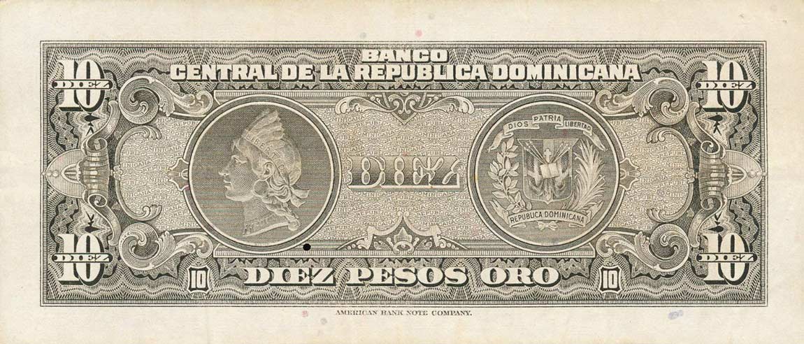 Back of Dominican Republic p93a: 10 Pesos Oro from 1962